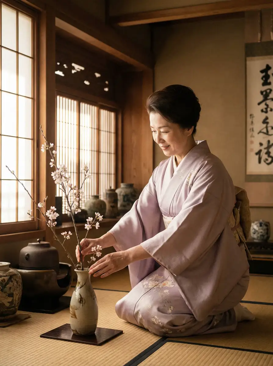 一位优雅的 财神体育app 在和室中插花